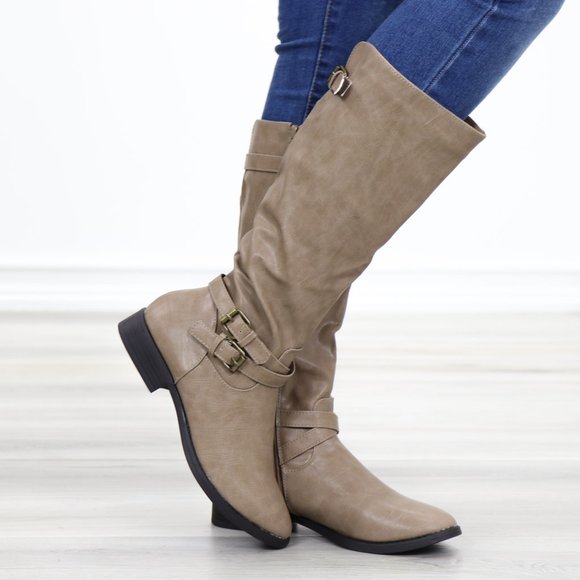 Taupe Rider Chick Mid Calf Boots With Buckles - Picture 3 of 11